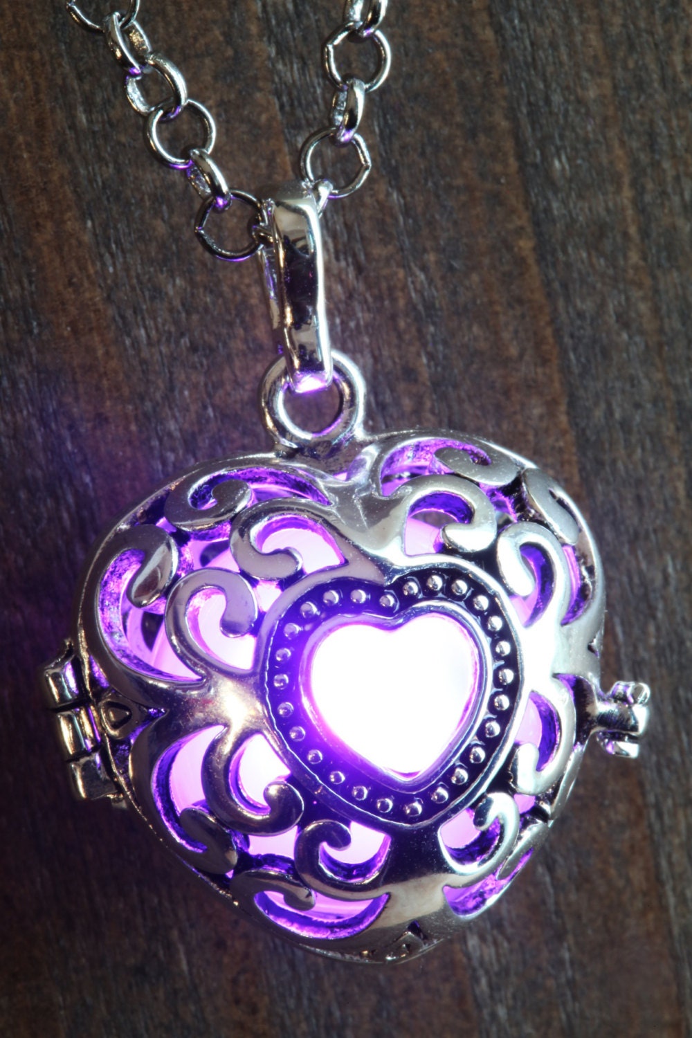 Purple Glowing Pendant Necklace heart Locket Silver tone