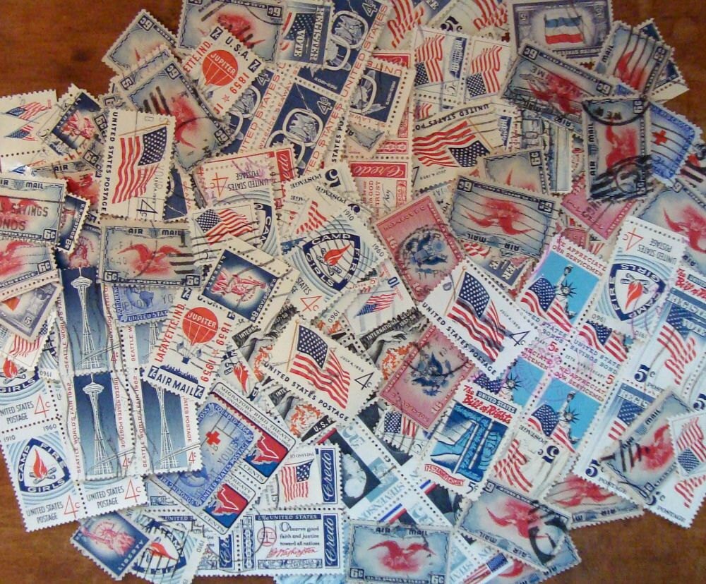 Over 175 Vintage US Postage Stamps Bulk Red White & Blue