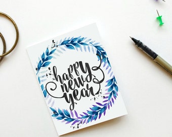 Happy New Year card/Printable New Years Card/Instant download/Floral new year card/Happy new year/Hand lettered card/Holiday cards/Digital