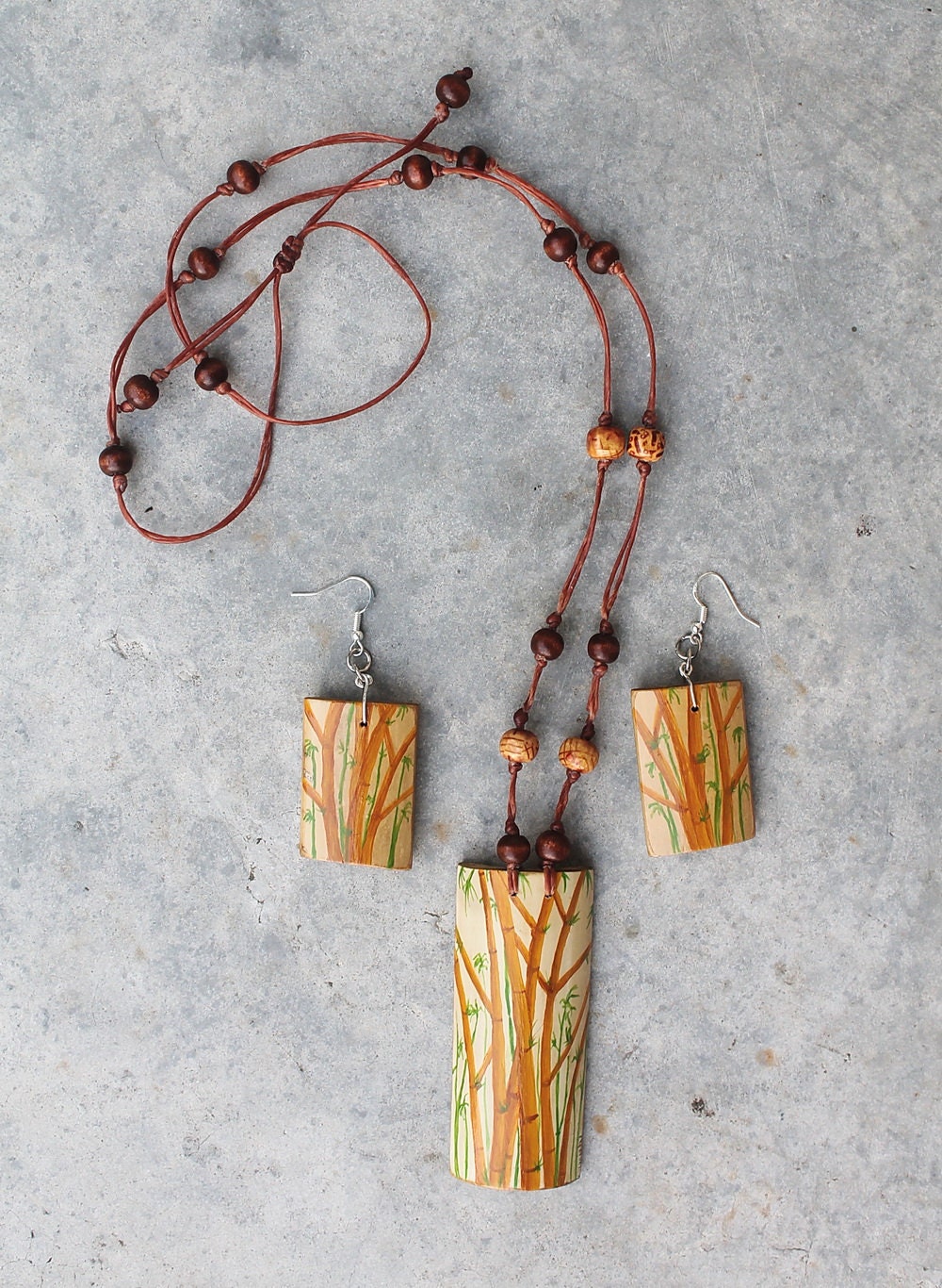 Bamboo Necklace & Earrings Set Bamboo painted on Bamboo