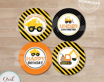 CONSTRUCTION cupcake toppers, Dump Truck Cupcake Topper, Construction Party Circles, Birthday Party Decorations, Instant download.