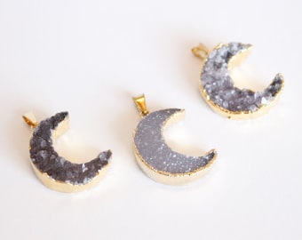 1 Piece - Crescent Moon Druzy Pendant - Grey Druzy - Purple Druzy - Dipped - Gold Plated Pendant - Half Moon Druzy Brazilian Druzy / G-SP011