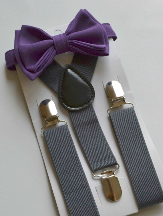 Dark Purple Bow Tie & Charcoal Gray Suspenders Ring Bearer