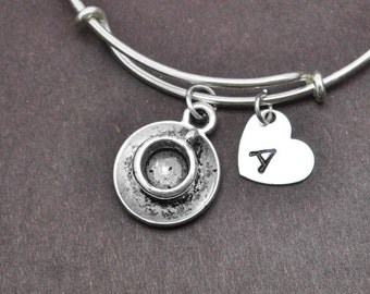 Teacup Bangle, Sterling Silver Bangle, Teacup Bracelet, Bridesmaid Gift, Personalized Bracelet, Initial Bracelet, Bridesmaid Gift, Charm