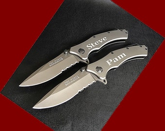 2 Personalized Gunmetal engraved knife - 2 Groomsman gifts - Tac-Force Stainless Engraved Knife - Wedding gift set - Custom Engraved Knife