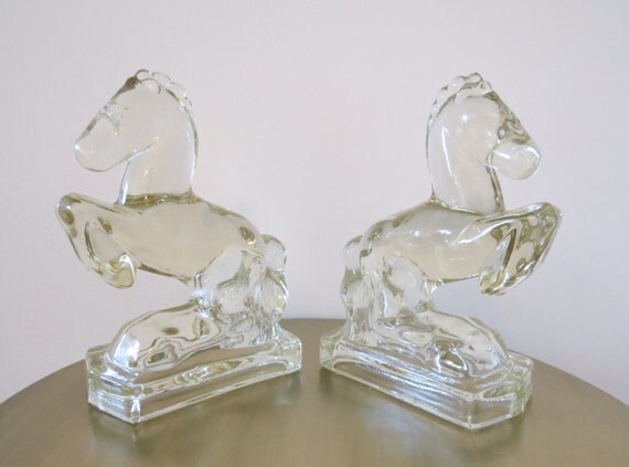 before 1965 antique glass horse bookends