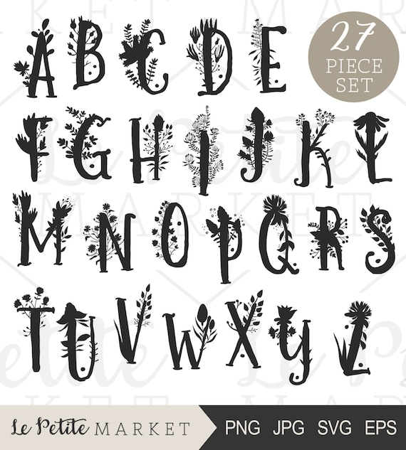 hand drawn floral letters alphabet clip art printable nursery