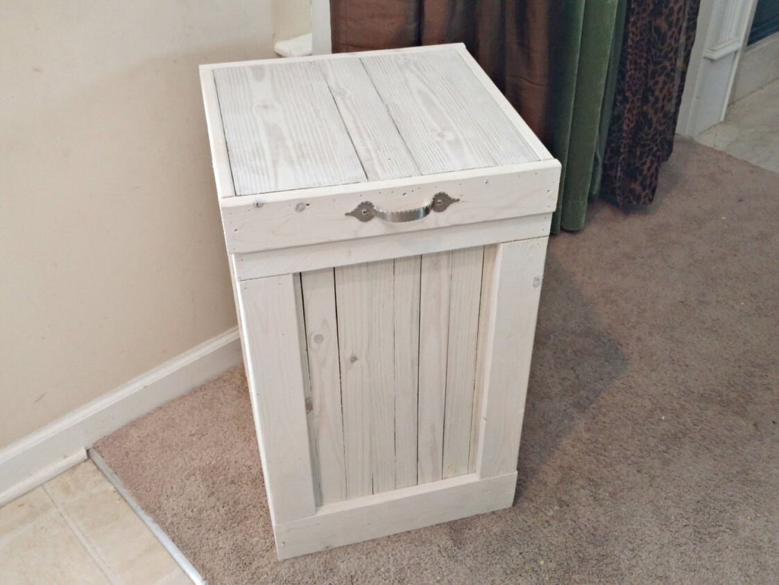 Trash Bin White Washed Garbage Can Country Kitchen Wood