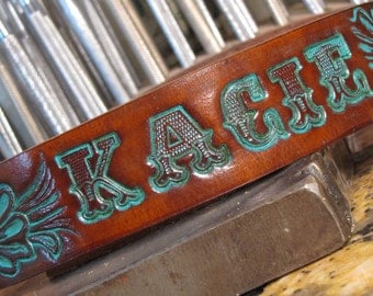 Leather Dog Collar w Turquoise Tooled ( Western Dog Collar ,, tooled leather dog collar ,, personalized dog collar ) The Diamond Dogs