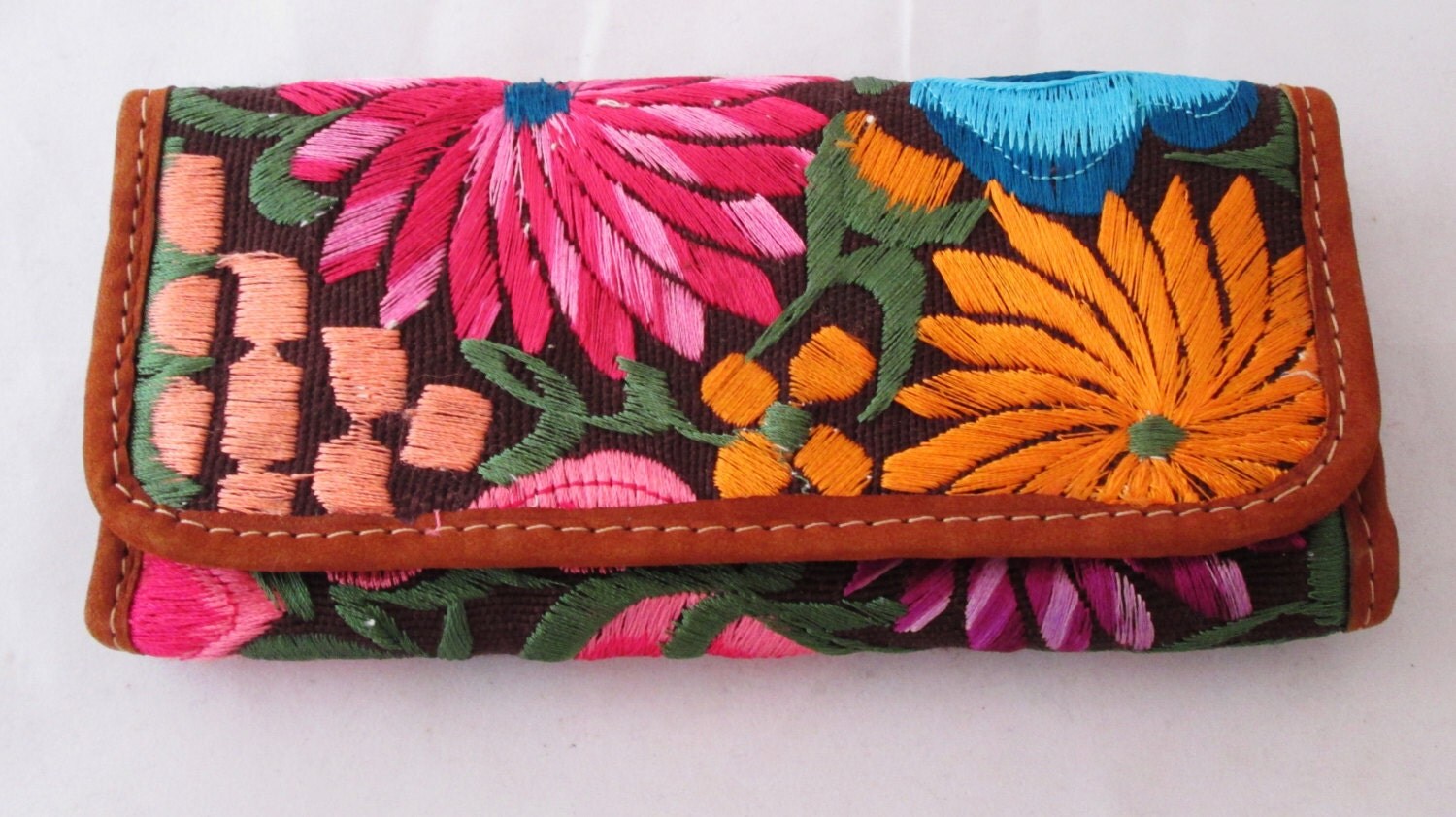 Oaxaca Embroidered Wallet Leather Trim Mexican Wallet