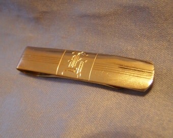Personalized wide Bar goldtone Finish Money Clip w Initial H in Script Letter - vintage Tie Bar Clasp or Bill Fold Clip - Birthday gift idea