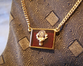 ELKS Fraternity Tie Chain w Masonic BPOE Fraternal Order Elk Clock on Red Lucite Pendant - 12k gold fill Finish vintage New Old Stock gift