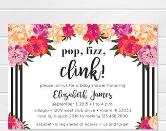 Floral Baby Shower Invitation, Black and White Stripes, Kate Spade