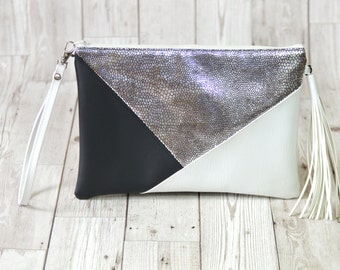 Silver clutch bag, Black clutch leather, Vegan leather clutch purse, Tassel clutch white, Wedding clutch bridesmaid gift, Leather wristlet