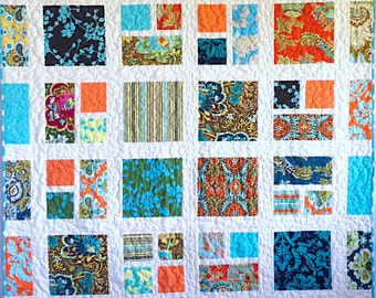 Handmade Quilt, Turquoise and Orange Quilt, 52" x 62", Belle Quilt, Amy Butler Fabric, Modern Quilt, Floral Quilt, Throw Quilt, Lap Quilt