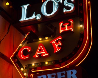 Route 66 Lo's Cafe Sign Route 66 Neon Sign Photo Route 66 Photography Kitchen Wall Art Bar Wall Art Bar Art Retro Decor Graphic Typography