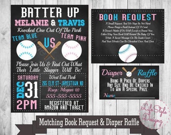 Baseball Gender Reveal Invitation-Batter Up Party Invite- Pink or Blue - He or She - Sports- Printable-Diaper Raffle-Book Request