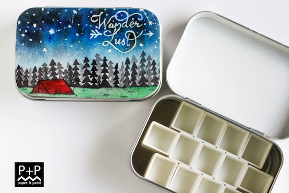 Wanderlust - Original Hand painted Mini Watercolor palette in Altoid style tins. Empty Half pans.