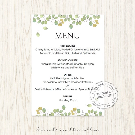 Printable wedding menu template instant wedding by HandsInTheAttic