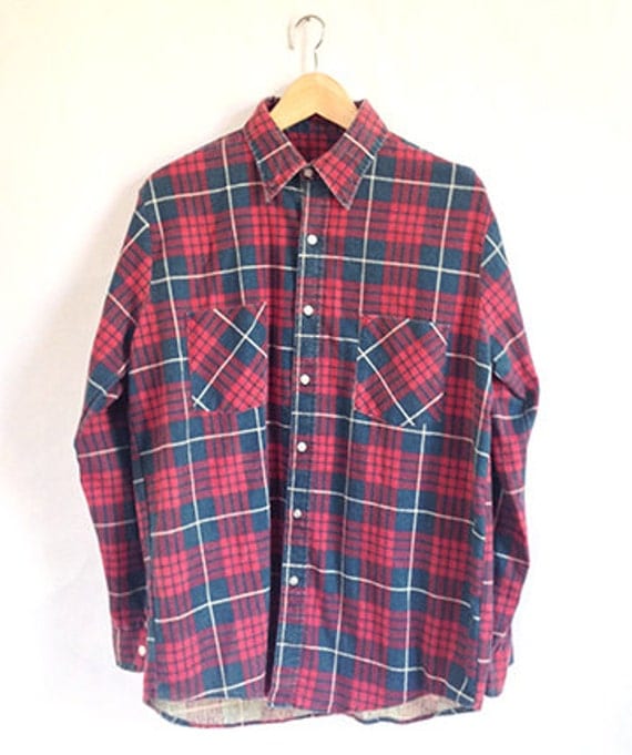 Vintage 70s Flannel Shirt Red and Navy Blue Plaid Long