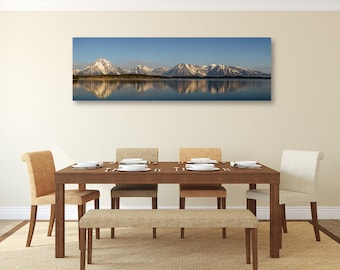 Grand Reflections, Panoramic Canvas Art, Print, Landscape Photography, Peaceful Grand Tetons, Sunrise, Large, Blue, Wall Décor