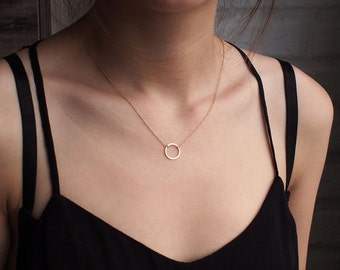 Circle Necklace, Karma Necklace, Dainty Minimal Circle Outline Necklace, Simple Geometric Layering Necklace in Sterling Silver #D61