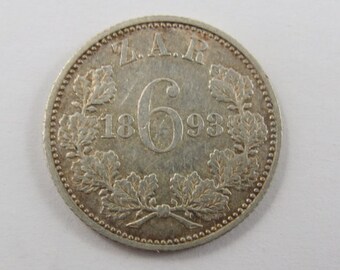 South Africa 1893 Sterling Silver Six Pence Coin.