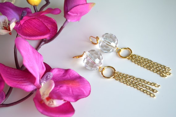 Gold tassel Earrings ,Tassel earrings,chain earrings,wedding,bridesmaid,christmas gift,Clear glass bead earring,Clear bead and gold earring,
