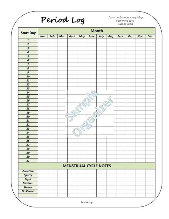 Period Log Menstrual Cycle Tracker Printable Digital