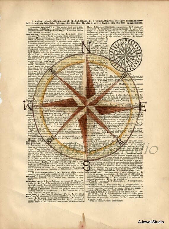 Compass Dictionary page Drawing Decor Colored pencil Ink