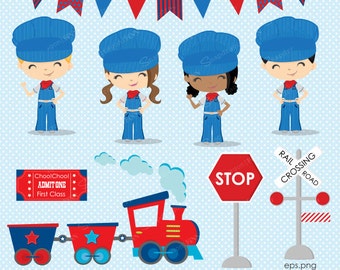 Train clipart, Engineer clipart, Train Conductor clipart, Train, Train Ticket, Train Party, Railway, Railroad, Commercial License Included