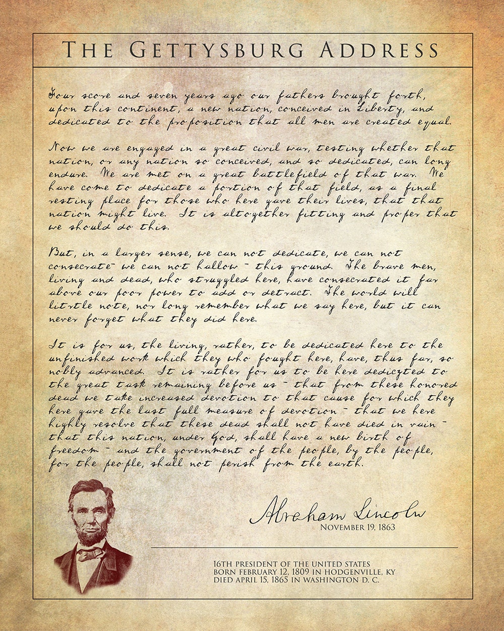 Abraham Lincoln Gettysburg Address Print Famous Speeches