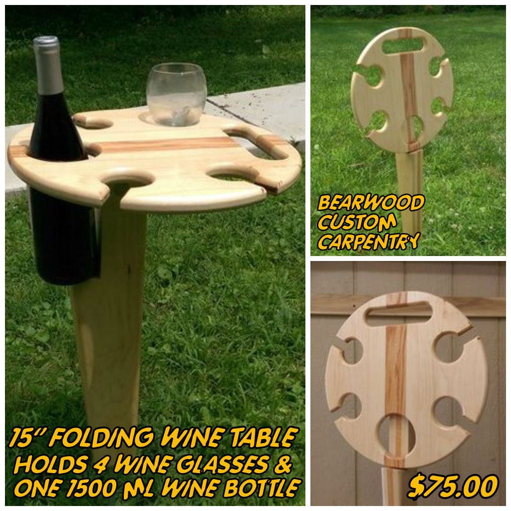 Folding wine table 15 inch & 4 Glass by BearwoodCarpentry on Etsy