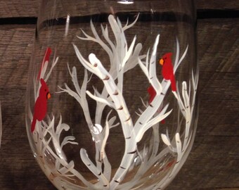 Cardinal Wine glass, white birch tree wine glasses