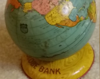 Vintage Tin Litho Chein Toy Globe Still Bank