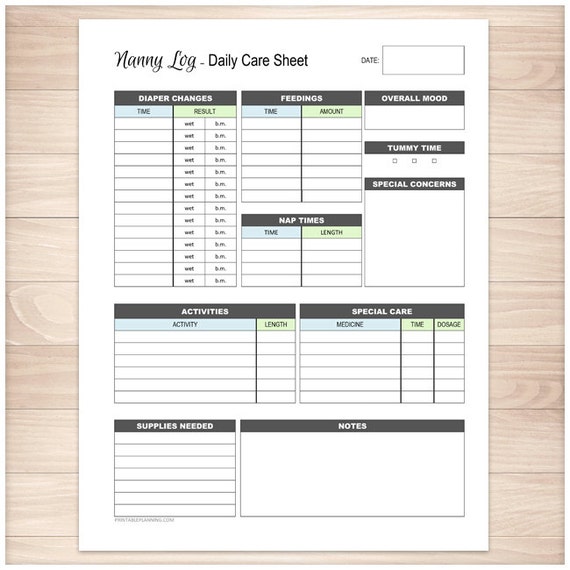 Printable Nanny Log Daily Infant Care Sheet Babysitter