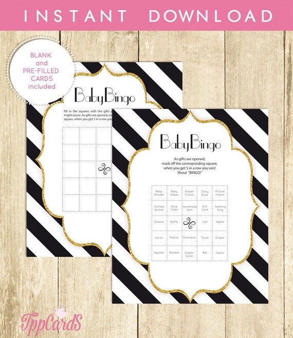 Black and White Baby Shower Bingo Cards Blank and PreFilled, Gold Glitter, Theme Print, Having All Best, Print, Gender Neutral 0061A-BAW Il_570xn