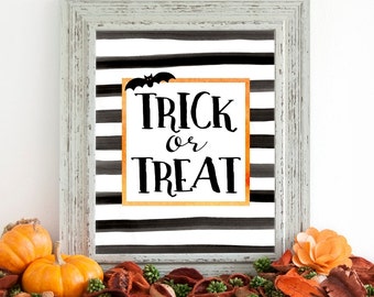 Trick or Treat Halloween Printable Wall Art 8x10, 5x7, 11x14, Halloween Printable Decor, Black Stripes with Orange Border and Bat