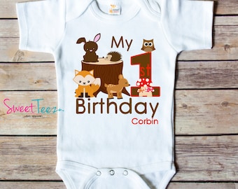 First Birthday Shirt Woodland Animals Personalized Shirt fox deer owl rabbit Boy Girl Baby Bodysuit
