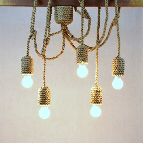 Jute long chandelier pendant light made from sailing rope