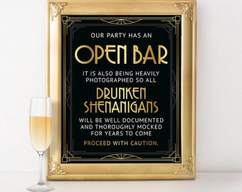 Great Gatsby party decorations - Open bar sign. Roaring 20s party decorations, birthday party decorations, bachelorette printable party sign