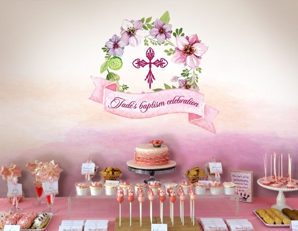 Baby Girl Christening Backdrop Baptism Celebration Banner