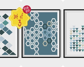 SCANDINAVIAN ART, Set of 3 prints, Printable wall art, Geometric poster, blue prints, Set of prints, Nordic decor, Mint prints, print set