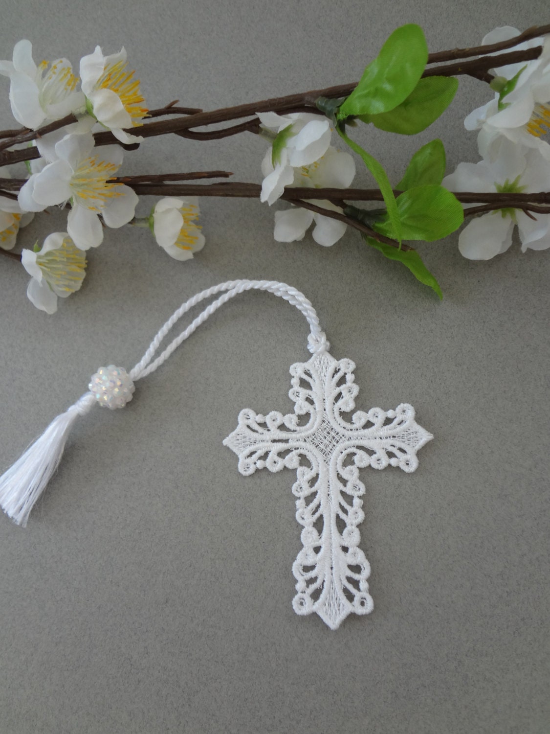Free standing lace fsl cross bookmark with tassel and bead