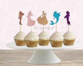 Disney Princess Silhouette, Double Sided Glitter Cupcake Toppers or Centerpieces, Princess Cake Toppers or Centerpieces,