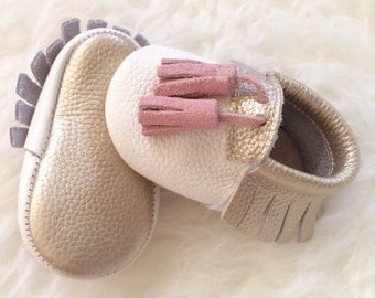 SALE!!! Baby Moccasins, Princess Moccasins, Baby Girl Shoes, Tassel Moccasins, Leather Moccasins, White Baby Shoes, Gold Shoes, Princess