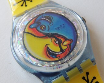 Vintage Swatch Watch Fiz N' Zip GN164 Design by Kenny Scharf, artist swatch, zen watch, pop culture watch