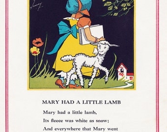 Mary Had A Little Lamb, Vintage 1930's Children’s Book Illustration, Digital Print, Instant Digital Download