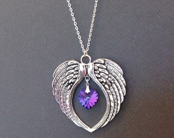 12 Colors | Large Guardian Angel Wing Necklace, Swarovski Crystal Heart Pendant, Double Wing Charm Jewelry, Antique Silver