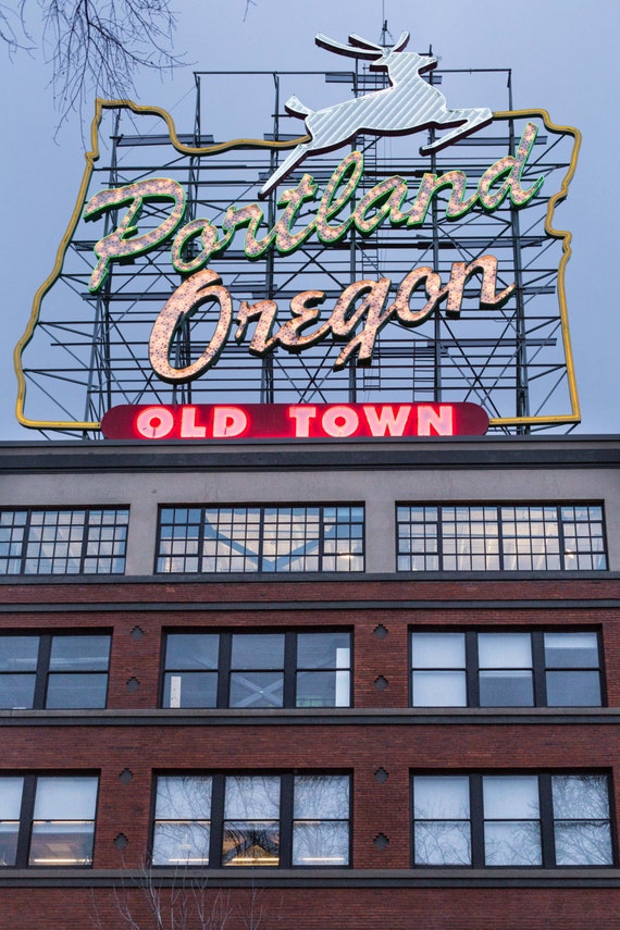 Portland Oregon Neon Sign Old Town Brick State Deer